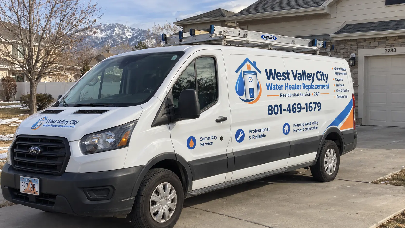 West Valley City Water Heater Replacement service van at a local home